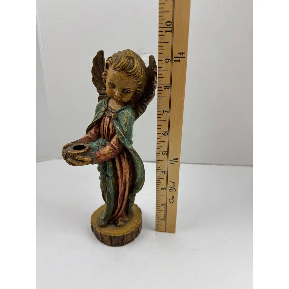 Vintage Hand Painted Angel Figurine Taper Candle Holder Rustic Wood Look Cherub